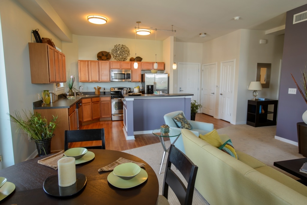 Furnished kitchen and living room in wilmington, de riverfront apartments 